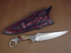 "Bulldog" fine handmade knife, reverse side view. Note multiple inlays on sheath back and in belt loop, tight stitching of knife sheath
