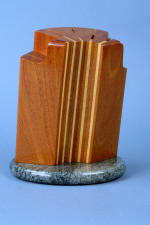 "Cassiopeia" Fine handmade custom chef's knives Block, Stand detail of Vinhatico and Pecan hardwoods, Verde Maritaca Granite base