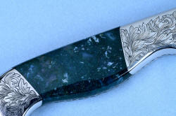 Reverse side gemstone 4 power enlargement of "Shedar" (Cassiopeia chef's set) Sabatier, French Chef's, Master Chef's knife in T3 cryogenically treated 440C high chromium stainless steel blade, hand-engraved 304 stainless steel bolsters, Indian Green Moss Agate gemstone handle