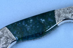 Reverse side gemstone handle 4 power enlargement of "Caph" (Cassiopeia chef's set) Bread, Serrated knife in T3 cryogenically treated 440C high chromium stainless steel blade, hand-engraved 304 stainless steel bolsters, Indian Green Moss Agate gemstone handle