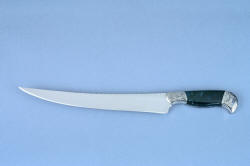 Obverse side view of "Tsih" (Cassiopeia chef's set) Slicing, boning, fillet  knife T3 cryogenically treated 440C high chromium stainless steel blade, hand-engraved 304 stainless steel bolsters, Indian Green Moss Agate gemstone handle