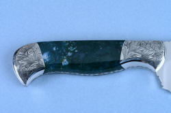Reverse side gemstone handle detail of "Segin" (Cassiopeia chef's set) Utility  knife in T3 cryogenically treated 440C high chromium stainless steel blade, hand-engraved 304 stainless steel bolsters, Indian Green Moss Agate gemstone handle