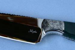 Maker's mark 5x enlargement of "Segin" (Cassiopeia chef's set) Utility  knife in T3 cryogenically treated 440C high chromium stainless steel blade, hand-engraved 304 stainless steel bolsters, Indian Green Moss Agate gemstone handle