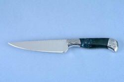 Obverse side view of "Achird" (Cassiopeia chef's set) Paring, trim, flourish  knife in T3 cryogenically treated 440C high chromium stainless steel blade, hand-engraved 304 stainless steel bolsters, Indian Green Moss Agate gemstone handle