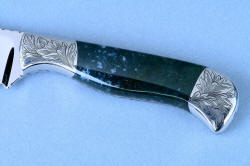 Four power enlargement of obverse side gemstone knife handle detail of "Achird" (Cassiopeia chef's set) Paring, trim, flourish  knife in T3 cryogenically treated 440C high chromium stainless steel blade, hand-engraved 304 stainless steel bolsters, Indian Green Moss Agate gemstone handle