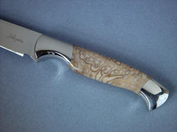 "Consus" paring knife, obverse side handle detail. Fossilized agatized Petrified Palm wood is extremely hard and tough, with crystal inclusions and beautful pattern