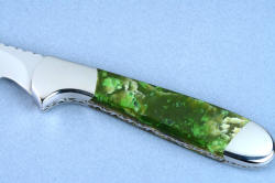 "Clarau Magnum and Kineau Magnum" fine handmade chef's knives, Kineau Magnum obverse side gemstone handle detail in British Colombian Nephrite Jade gemstone