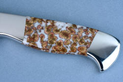 "Concordia" chef's knife, obverse side gemstone handle detail. Poppy jasper from India is a rare find, with bright, colorful and rich "Poppies" in eternal stone.