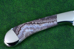 Sanchez Chef's knife reverse side gemstone handle enlargement in Brazilian Lace Amethyst  in T3 cryogenically treated 440C high chromium stainless steel blades, 304 stainless steel bolsters, Lace Amethyst gemstone handles, leather book case with top grain cover