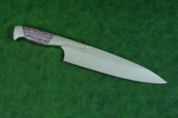 Concordia chef's knife, reverse side view in T3 cryogenically treated 440C high chromium stainless steel blades, 304 stainless steel bolsters, Lace Amethyst gemstone handles, leather book case with top grain cover