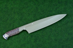 Concordia chef's knife, showing incredibly thin hollow grind  in T3 cryogenically treated 440C high chromium stainless steel blades, 304 stainless steel bolsters, Lace Amethyst gemstone handles, leather book case with top grain cover