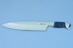 "Concordia" Master Chef's Custom Knife, obverse side view, in 440C deep cryogenically treated high chromium stainless steel blade, 304 stainless steel bolsters, Sodalite gemstone handle
