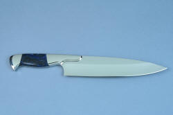"Concordia" Master Chef's Custom Knife, reverse side view, in 440C deep cryogenically treated high chromium stainless steel blade, 304 stainless steel bolsters, Sodalite gemstone handle