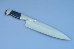 "Concordia" Master Chef's Custom Knife, reverse side view, blade forward, in 440C deep cryogenically treated high chromium stainless steel blade, 304 stainless steel bolsters, Sodalite gemstone handle