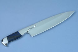 "Concordia" Master Chef's Custom Knife, reverse side view, handle forward, in 440C deep cryogenically treated high chromium stainless steel blade, 304 stainless steel bolsters, Sodalite gemstone handle