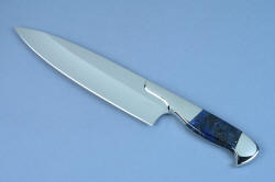 "Concordia" Master Chef's Custom Knife, obverse side view, handle forward, in 440C deep cryogenically treated high chromium stainless steel blade, 304 stainless steel bolsters, Sodalite gemstone handle