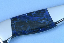 "Concordia" Master Chef's Custom Knife. reverse side gemstone handle macro view, in 440C deep cryogenically treated high chromium stainless steel blade, 304 stainless steel bolsters, Sodalite gemstone handle