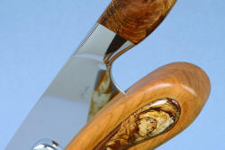 "Concordia and Talitha" fine handmade chef's knives, stand detail with maker's mark  in stand view, in T3 cryogenically treated CPM154CM high molybdenum powder metal technology stainless steel blades, 304 stainless steel bolsters, Deschutes Jasper gemstone handles, stand of cherry hardwood, Deschutes Jasper gemstone, Delicatus Gold Granite