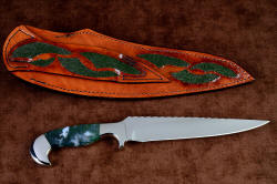 "Conodont" custom knife, reverse side view. Sheath back and belt loop with inlays of green rayskin