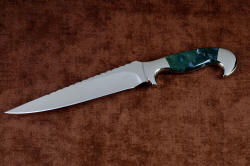 "Conodont" custom knife, obverse side view. Bolsters are contoured, rounded and finished for comfort