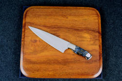 "Corvus" Chef's Knife in T3 cryogenically treated ATS-34 high molybdenum stainless steel blade, 304 stainless steel bolsters, Pietersite (Africa) gemstone handle, Jatoba (Brazilian Cherry) hardwood board, silicone prise and block base