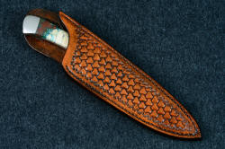 Deep and protective simple stamp-tooled and highlighted sheath in thick leather sholder for "Cygnus" Custom handmade chef's knife in T3 cryogenically treated 440C high chromium stainless steel blade, 304 stainless steel bolsters, Cuprite mosaic gemstone handle, hand-tooled leather sheath