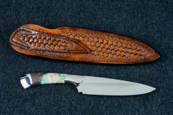 Reverse side and sheath back view of "Cygnus" Custom handmade chef's knife in T3 cryogenically treated 440C high chromium stainless steel blade, 304 stainless steel bolsters, Cuprite mosaic gemstone handle, hand-tooled leather sheath