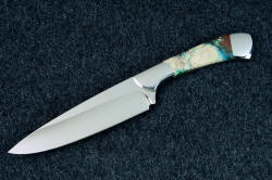 Aggressive and tough working point and strong spine of "Cygnus" Custom handmade chef's knife in T3 cryogenically treated 440C high chromium stainless steel blade, 304 stainless steel bolsters, Cuprite mosaic gemstone handle, hand-tooled leather sheath