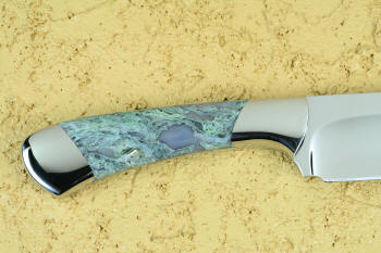 "Cygnus EL" reverse side handle detail view in CPM 154CM powder metal technology high molybdenum martensitic stainless steel blade, T3 cryogenically treated, 304 stainless steel bolsters, Horse Canyon Plume Agate gemstone handle, hand-dyed  high strength silicone prise