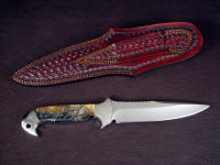 "Cygnus-Horrocks Magnum" custom knife, reverse side view in 440C high chromium stainless steel blade, nickel silver bolsters, Picasso Marble gemstone handle, hand-tooled and stamped leather sheath