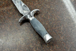 "Daqar" dagger, grinding in, sanding, finishing nephrite jade gemstone and high nickel, high chromium stainless steel fittings.