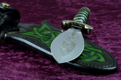 "Darach" celtic dagger, blade point and leaf shape detail. Hollow ground blade is extremely thin and keen, with a wide-leaf-shaped blade