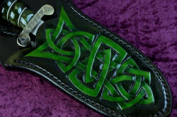 "Darach" celtic dagger, sheath front detail. Design is bold and strong, graduated and hand-dyed in hardened leather shoulder