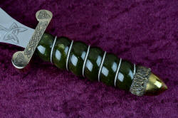 "Darach" celtic dagger, obverse side handle detail. Handle is hand-cast bronze by lost wax process, engraved, sterling silver wrapped around green nephrite jade gemstone