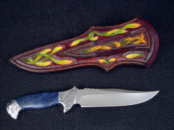 "Domovoi" reverse side view. Sheath is hand-carved, hand-dyed on back and on belt loop, matching engraving on bolsters