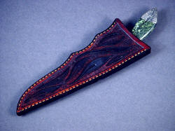 "Durango" sheathed view. Sheath is hand-carved leather shoulder, dyed brown, hand-stitched lacquered and sealed