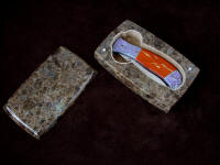 "Elysium" linerlock folding knife in gemstone case of anthorsite