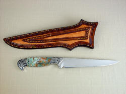 "Eridanus" reverse side view. Note full panel inlays of elephant skin on back of sheath, tight stitching and color matching of knife handle