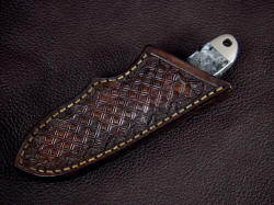 "Firefly" sheathed view. Sheath is protective and solid, in 9-10 oz. leather shoulder, lacquered and sealed