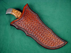 "Flamesteed" sheathed knife detail. Sheath is deep and wide, yet leaves enough handle exposed for easy grab.