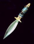 "Forest King" dagger in 440C high chromium stainless steel blade, Copper, nickel silver diffusion welded guard and pommel, Chrysocolla gemstone, copper, sterling silver handle