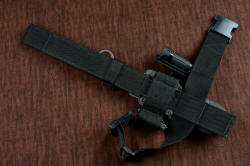 "Galatea" professional tactical, combat, rescue, CSAR, counterterrorism knife, EXBLX, back side view, shown with 2" wide leg strap in upper belt loop location