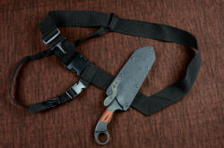 "Galatea" professional tactical, combat, rescue, CSAR, counterterrorism knife, shown with sheath mounted to sternum harness
