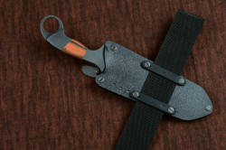 "Galatea" professional tactical, combat, rescue, CSAR, counterterrorism knife, shown with vertical flat straps, lower alternate mounting position of the sheath