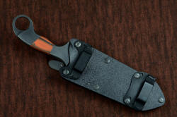 "Galatea" professional tactical, combat, rescue, CSAR, counterterrorism knife, shown with horizontal belt loop plates which allow sheath position inline with standard belt 