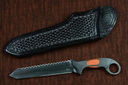 "Galatea" professional tactical, combat, rescue, CSAR, counterterrorism knife, with black basketweave heavy leather sheath