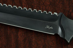 "Galatea" professional tactical, combat, rescue, CSAR, counterterrorism knife, blade close-up detail showing tight radius hollow grinds, hammerhead serrations, sculpted front bolster