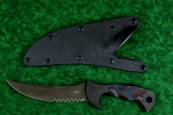 "Ghroth" tactical, counterterrorism, survival knife, obverse side view in T4 cryogenically treated CPM154 CM powder metal technology high molybdenum stainless steel blade, 304 stainless steel bolsters, multicolored G10 fiberglass/epoxy composite laminate handle, positively locking sheath in kydex, anodized aluminum, anodized titanium, black oxide stainless steel
