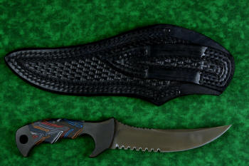 "Ghroth" tactical, counterterrorism, survival knife, reverse side view in T4 cryogenically treated CPM154 CM powder metal technology high molybdenum stainless steel blade, 304 stainless steel bolsters, multicolored G10 fiberglass/epoxy composite laminate handle, heavy 9-10 oz leather shoulder sheath with nylon stitching and black oxide stainless steel reinforcements
