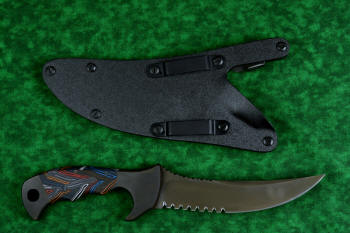 "Ghroth" tactical, counterterrorism, survival knife, reverse side view in T4 cryogenically treated CPM154 CM powder metal technology high molybdenum stainless steel blade, 304 stainless steel bolsters, multicolored G10 fiberglass/epoxy composite laminate handle, positively locking sheath in kydex, anodized aluminum, anodized titanium, black oxide stainless steel